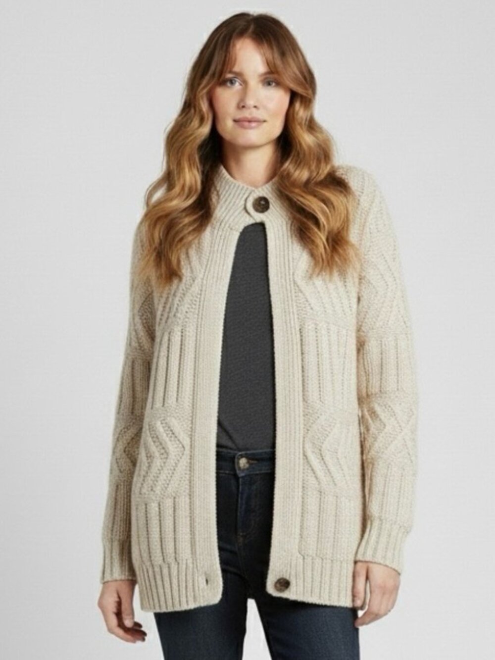 Vintage Oatmeal Beige Wool Zip-up Cardigan Sweater - Small / Medium